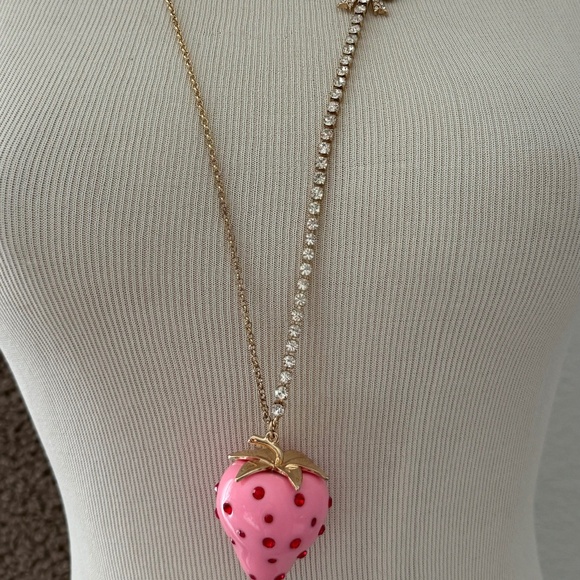 Betsey Johnson Pink Strawberry Red Rhinestone Long Necklace Gold Tone - Picture 2 of 9